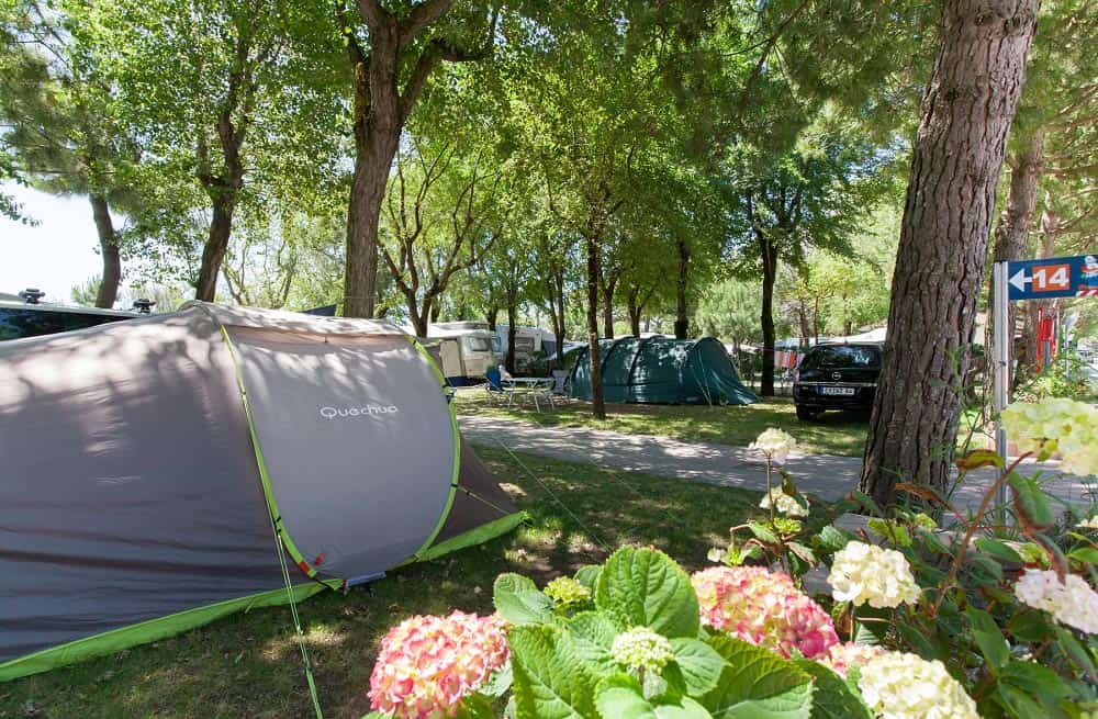 Piazzola ombreggiata dagli alberi con tenda